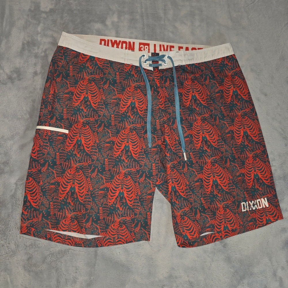 Dixxon Flannel Co Mens 38 Board Shorts Teal Orange Skeleton Rib Cage Swim Trunks